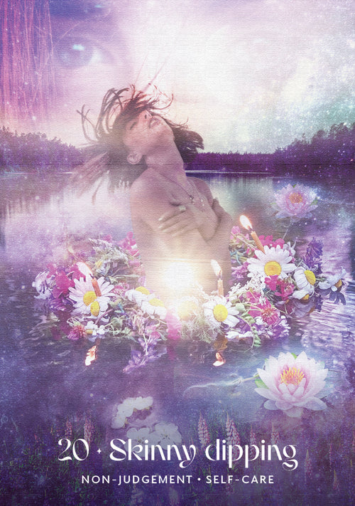 Woman surrounded by flowers and candles in a body of water with a serene background.