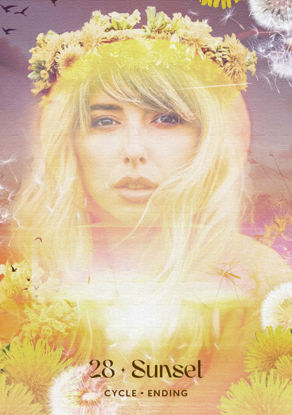 Person with floral headpiece and flowers around, with '28 Sunsel' text overlay.