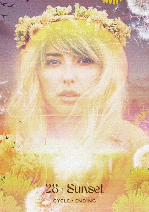 Person with floral headpiece and flowers around, with '28 Sunsel' text overlay.