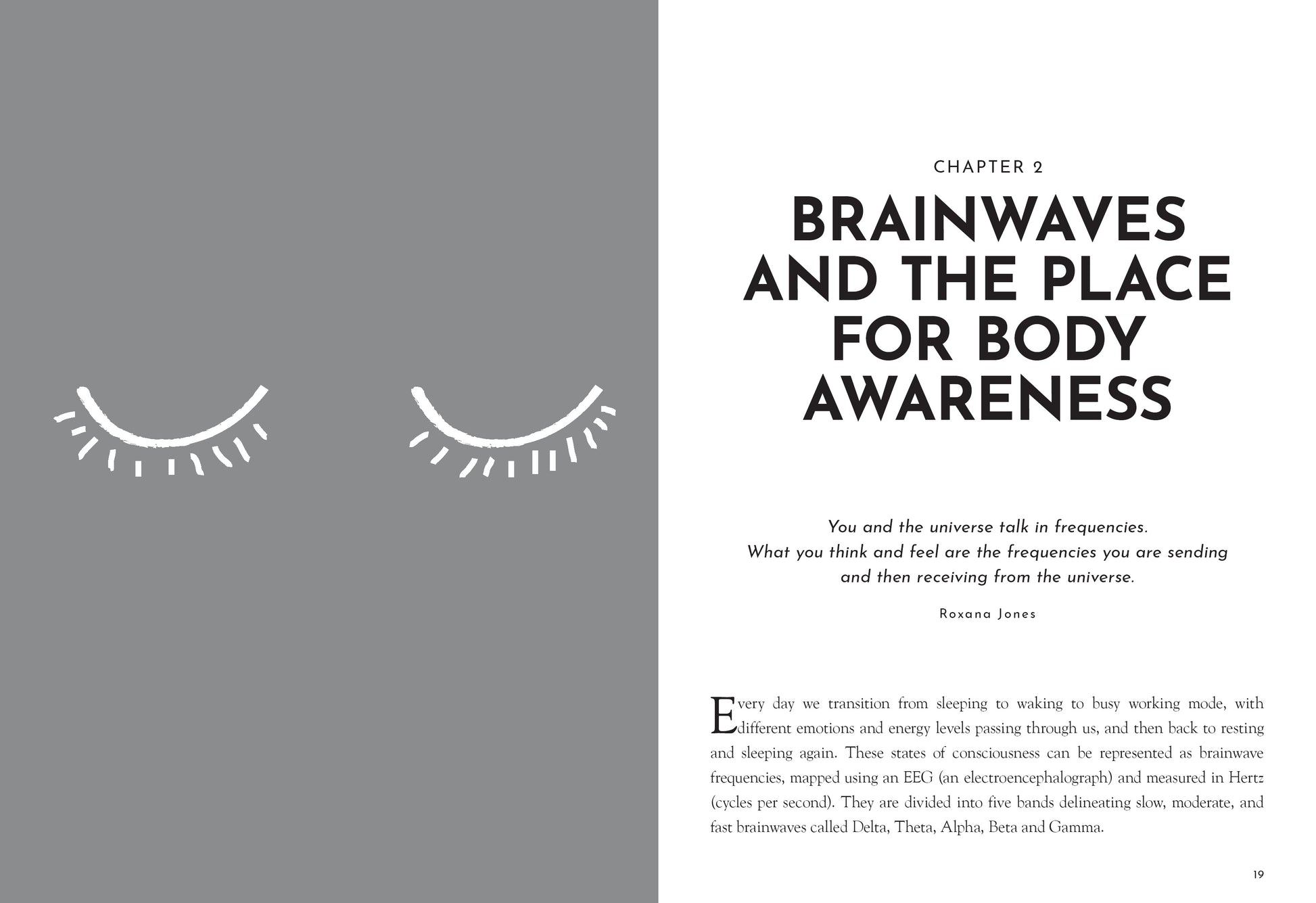 Book page with text 'Brainwaves and the Place for Body Awareness' and illustrations of eye shapes on a gray background.