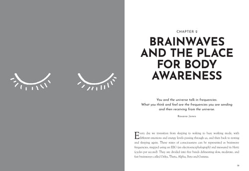 Book page with text 'Brainwaves and the Place for Body Awareness' and illustrations of eye shapes on a gray background.