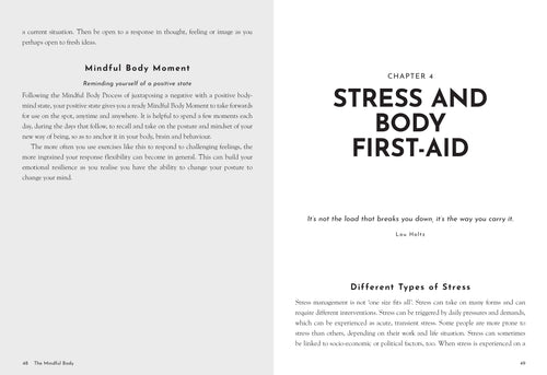 Book page with text on stress and body first-aid, featuring a quote by Lao Tzu.
