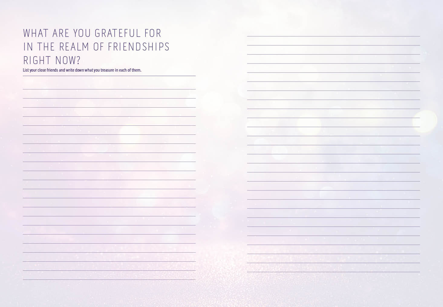 Blank sheet of paper with text asking about gratitude for friendships, with a blurred background.