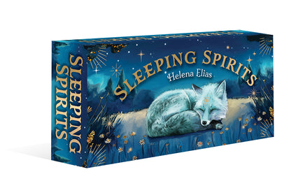 Mini deck box titled 'Sleeping Spirits' by Helena Elias with a fox illustration on a blue background.