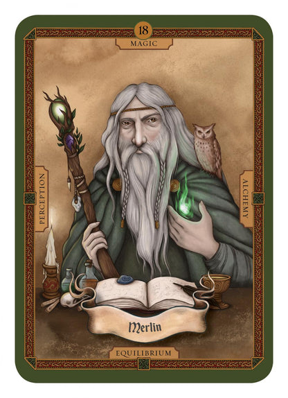 Illustration of a wizard with a staff and book, surrounded by symbols of magic and alchemy.