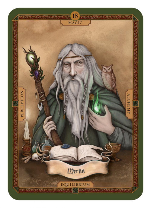 Illustration of a wizard with a staff and book, surrounded by symbols of magic and alchemy.