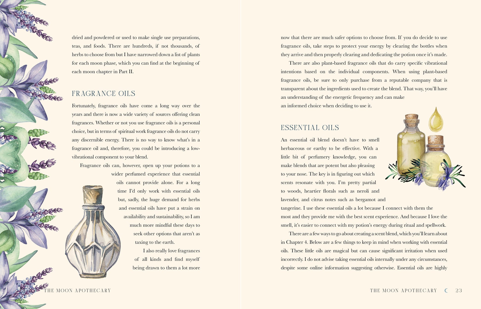 Book open to a page about fragrance and essential oils with illustrations of bottles and lavender flowers.