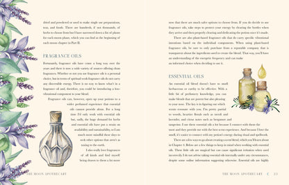 Book open to a page about fragrance and essential oils with illustrations of bottles and lavender flowers.