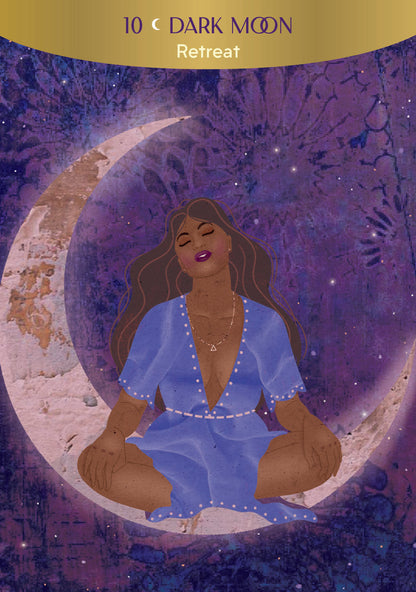 Illustration of a woman sitting on a crescent moon with a dark purple background and '10 Dark Moon Retreat' text.