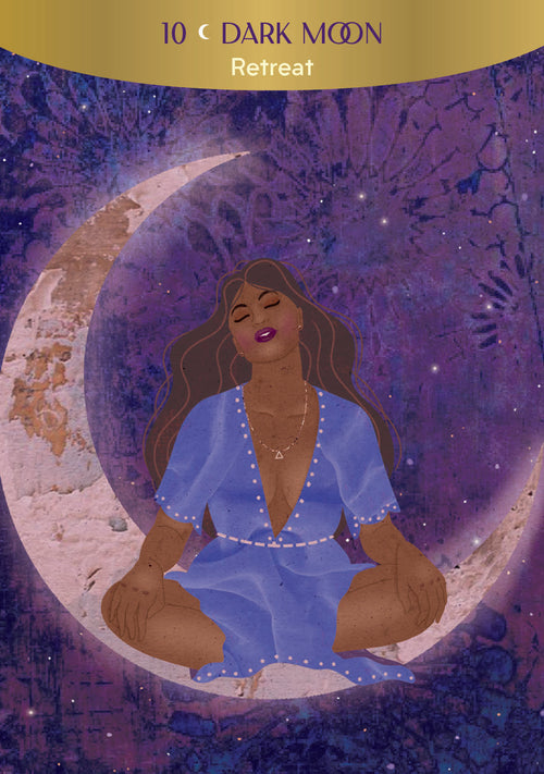 Illustration of a woman sitting on a crescent moon with a dark purple background and '10 Dark Moon Retreat' text.