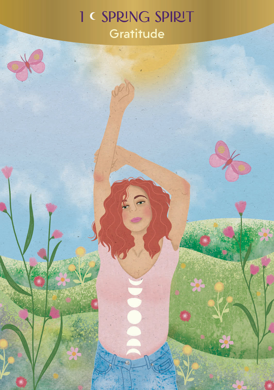 Illustration of a woman with raised arms in a field with butterflies and flowers, titled 'Spring Spirit: Gratitude'.