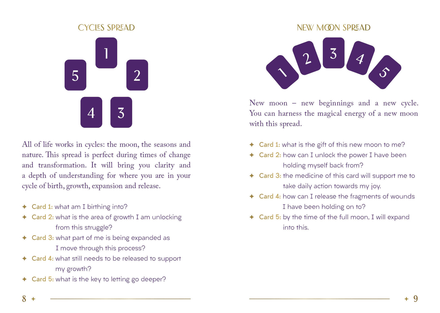 Wicca or pagan text with tarot card layout and questions for a New Moon Spread.