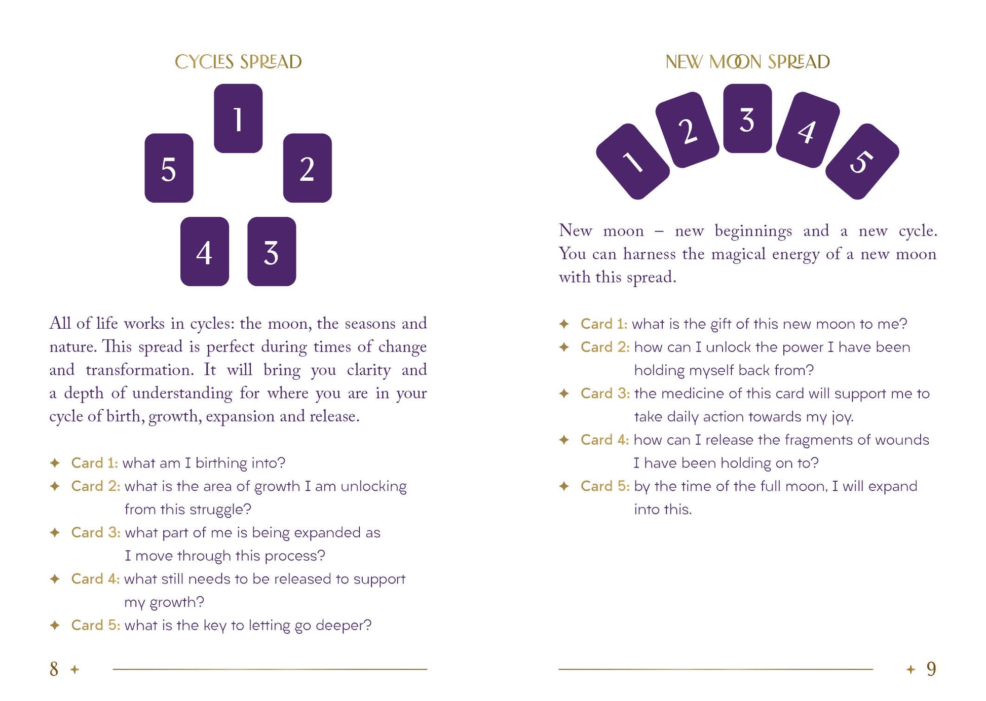Wicca or pagan text with tarot card layout and questions for a New Moon Spread.