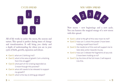 Wicca or pagan text with tarot card layout and questions for a New Moon Spread.