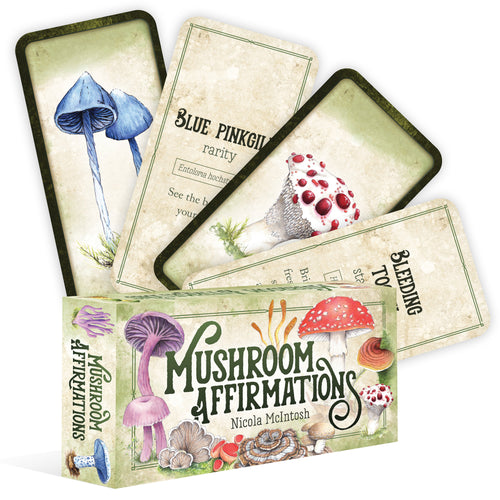 Mushroom-themed affirmation cards with colorful illustrations on a white background