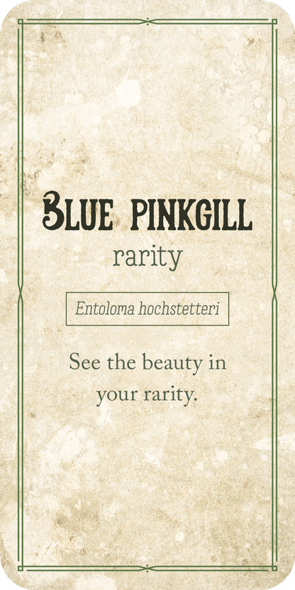 Card with 'Blue Pinkgill' text and branding on a textured background