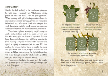 Instructions for a mushroom spirit oracle deck on a textured beige background with green cards and illustrations.