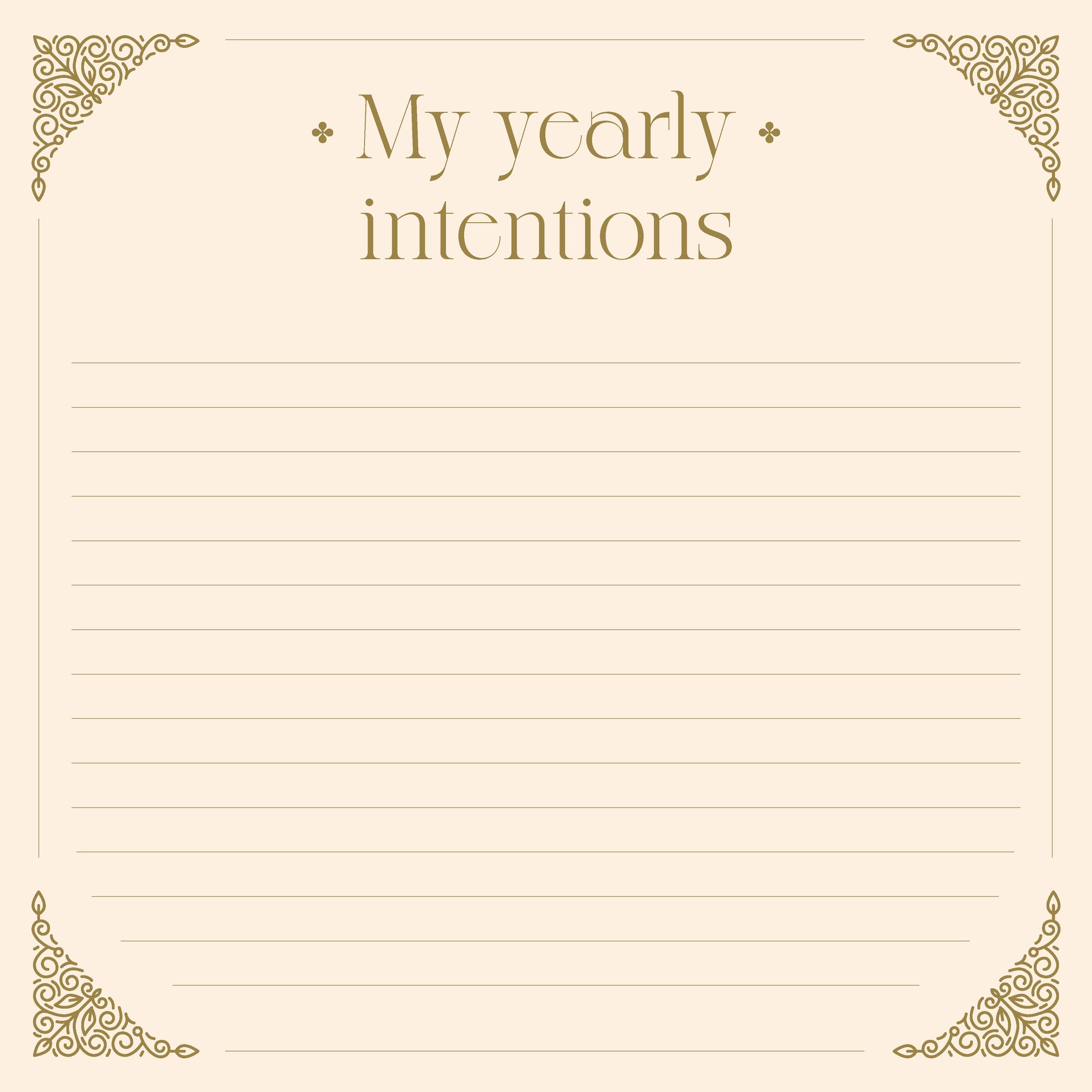 Notebook page with 'My yearly intentions' text and decorative corners on a beige background