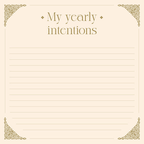 Notebook page with 'My yearly intentions' text and decorative corners on a beige background