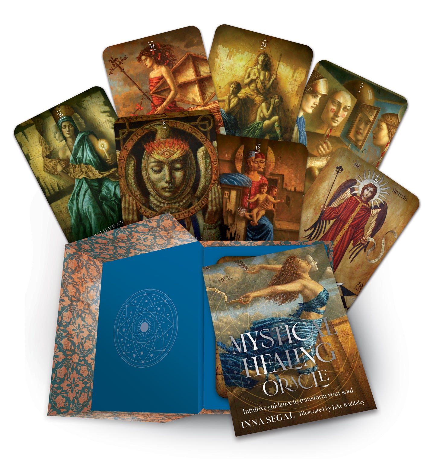 Mystic Healing Oracle cards with a blue book on a white background