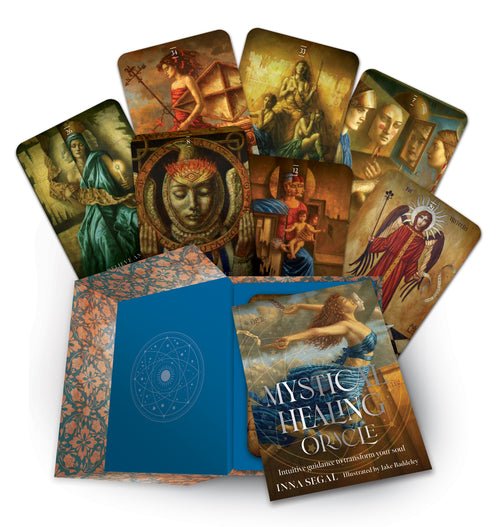 Mystic Healing Oracle cards with a blue book on a white background