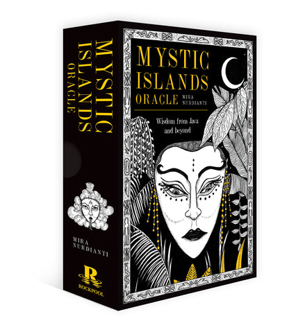 Mystic Islands Oracle card box with black and white design and gold text.