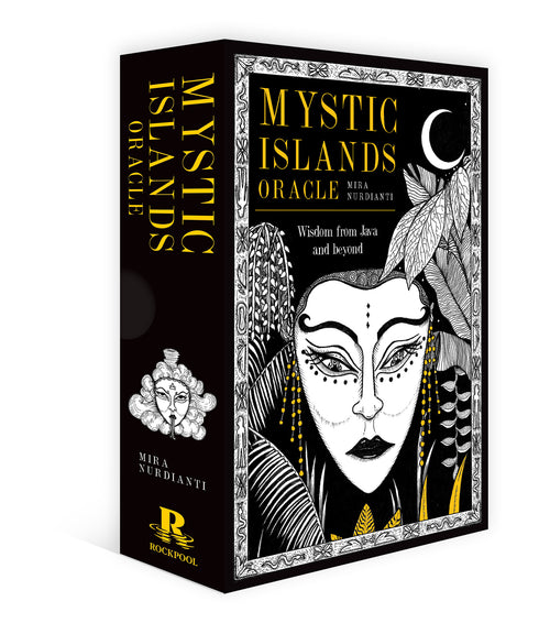 Mystic Islands Oracle card box with black and white design and gold text.