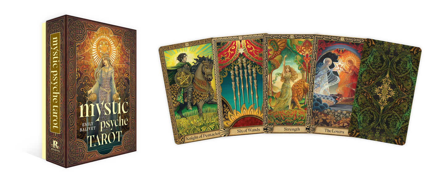 Mystic Psyche Tarot set with tarot cards and box on a white background