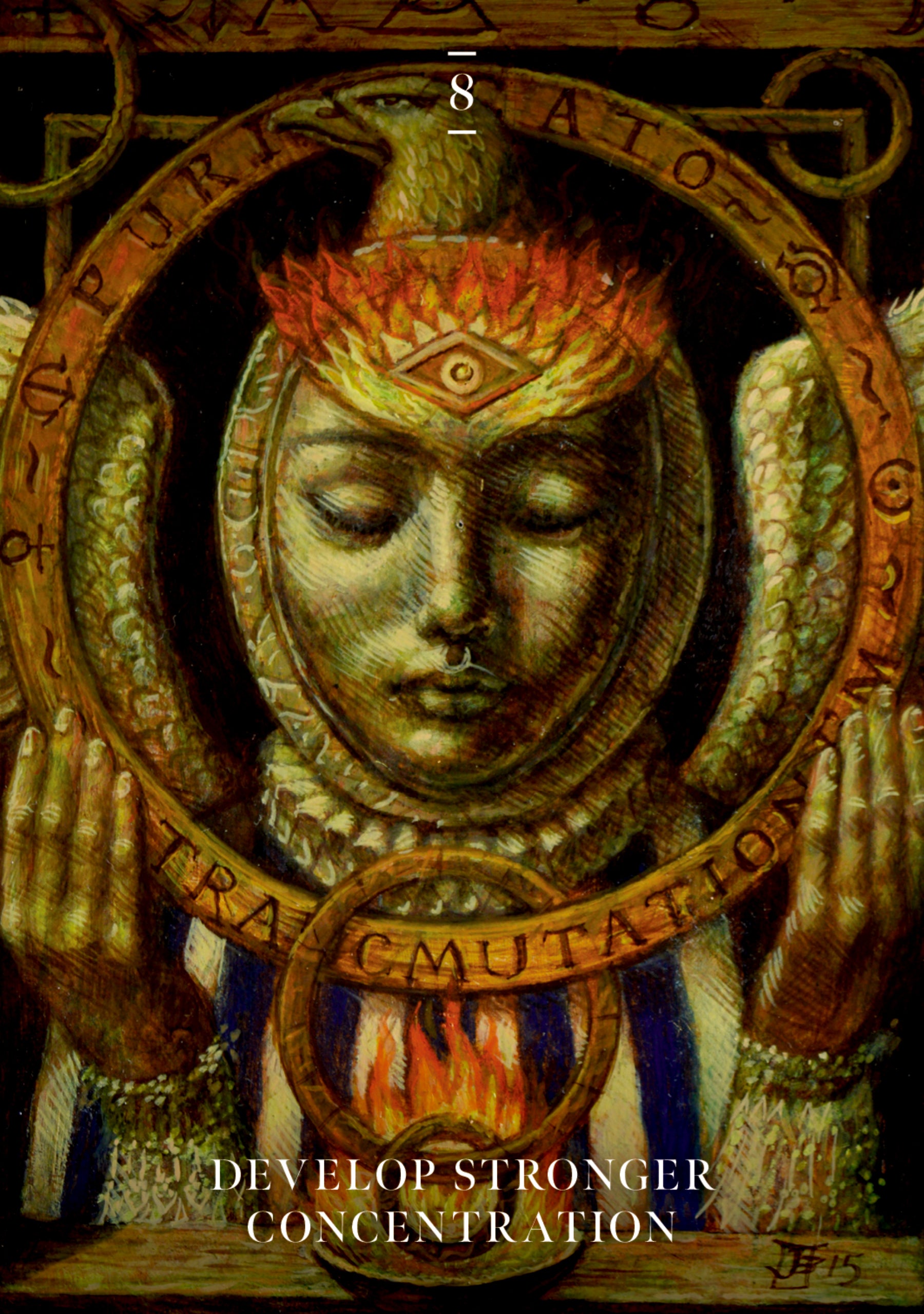 Decorative book cover with a central figure and text, featuring a crown and hands holding circular elements.