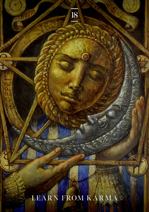 Decorative cover with a face design, hands, and text 'Learn from Karma'.