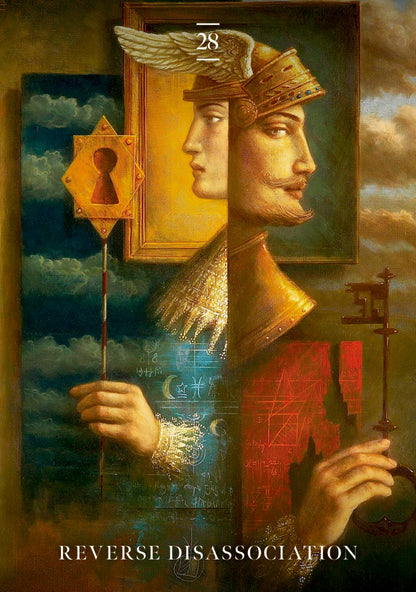 Artistic depiction of a person holding a key and a red book with a mystical design, set against a cloudy sky.