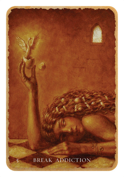 Vintage-style tarot card with a person holding a dove and text 'Break Addiction'.