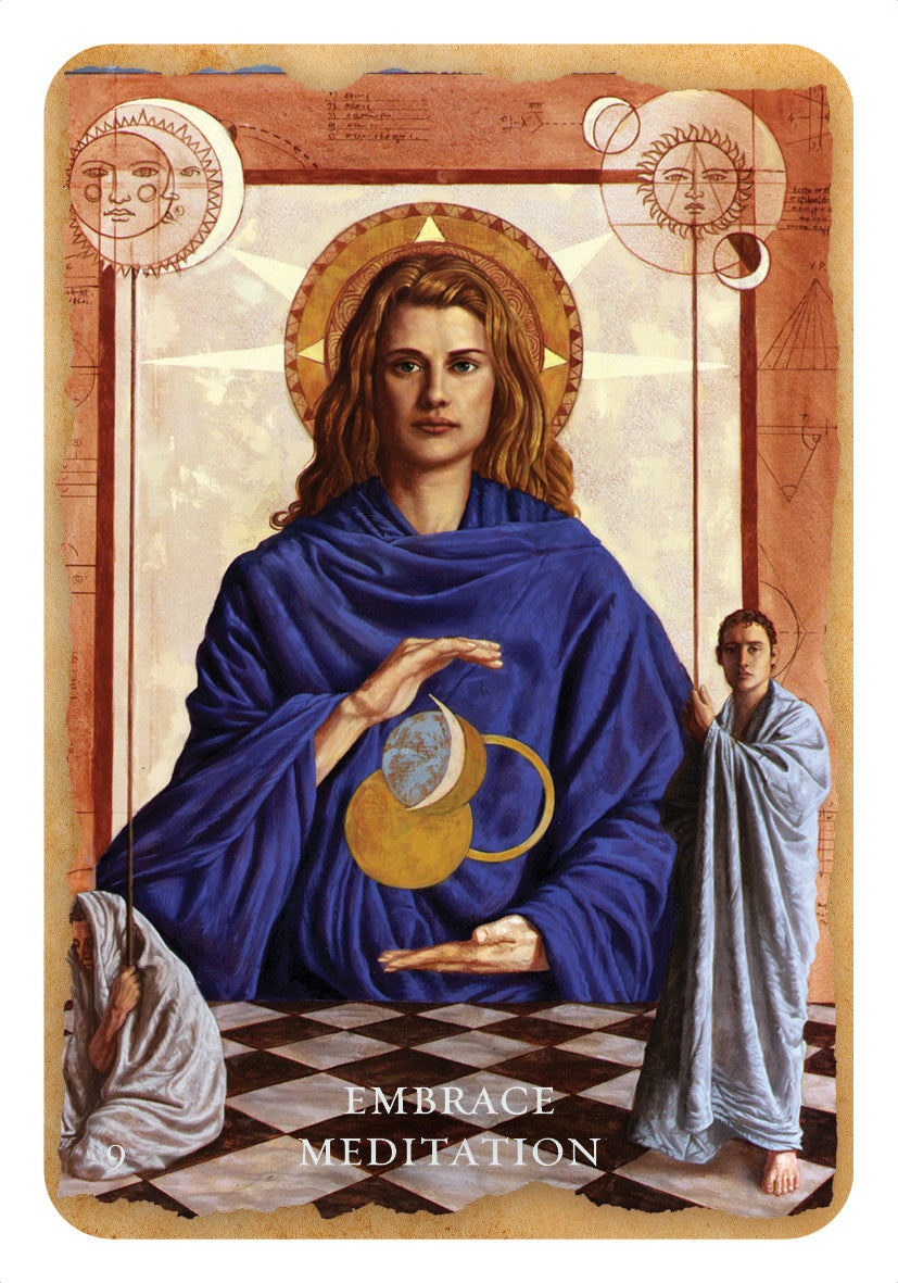 Icon-like illustration of a woman in a blue robe with a checkered floor and symbolic elements.