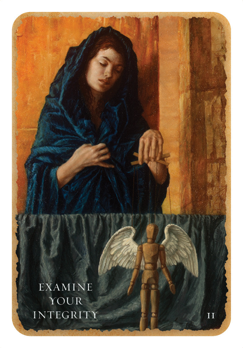 Card with a woman in blue robes and an angel figure, featuring text 'Examine Your Integrity'.