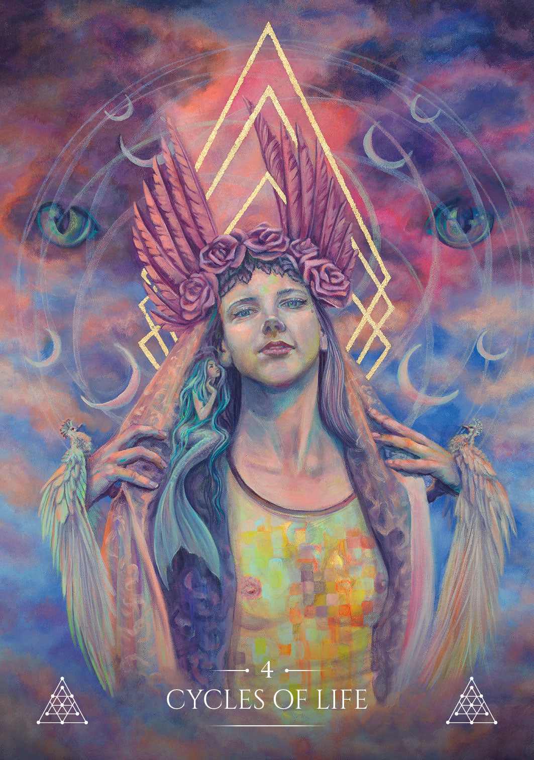 Artistic depiction of a woman with a colorful, mystical background titled '4 Cycles of Life'.