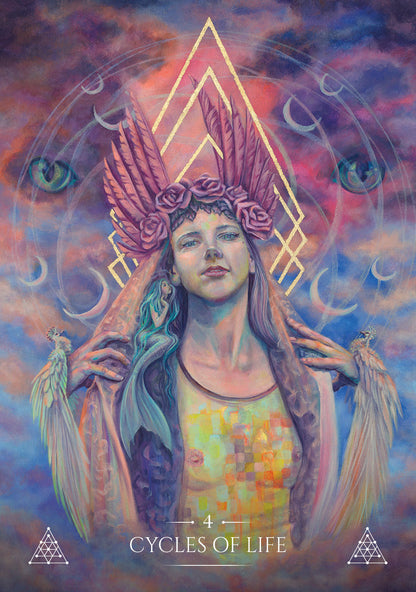 Artistic depiction of a woman with a colorful, mystical background titled '4 Cycles of Life'.