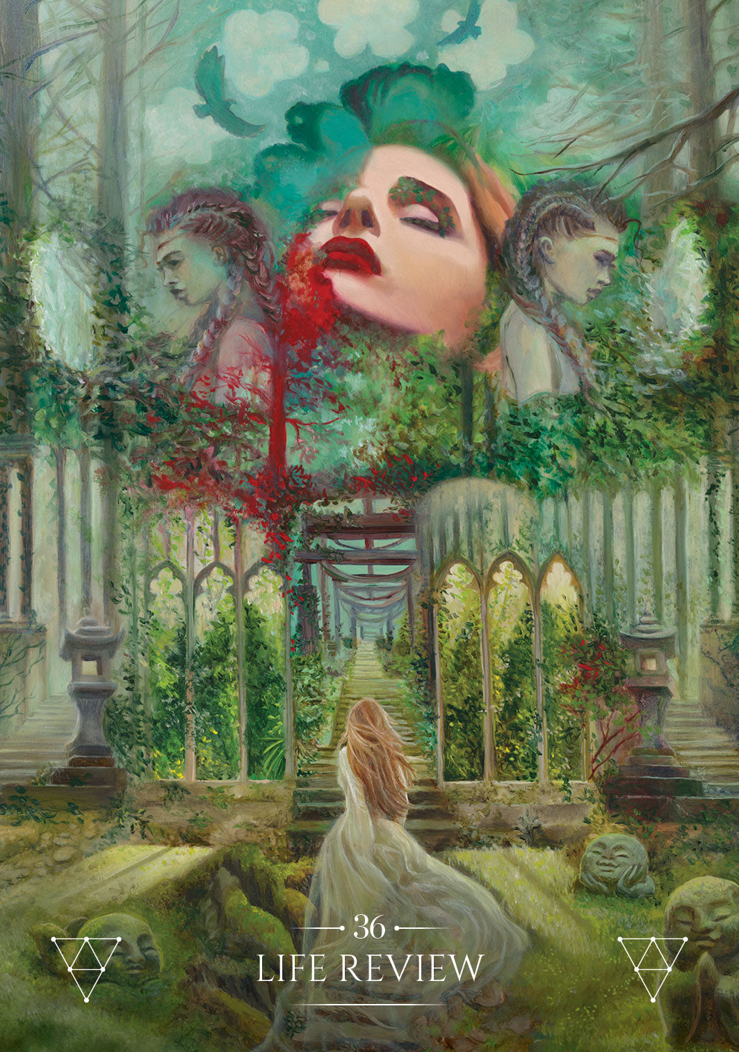 Futuristic cityscape with flying cars and a woman in a dress.