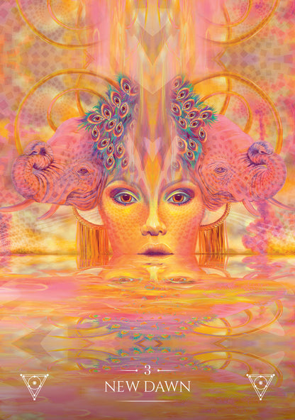 Artistic depiction of a face with peacock feathers and abstract design, labeled '3 New Dawn'.