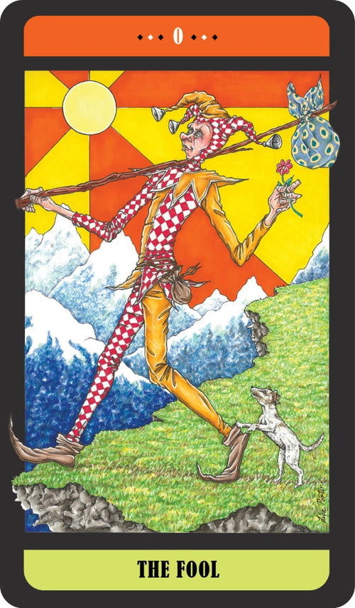 Tarot card featuring 'The Fool' with a jester-like figure, mountains, and a sun.