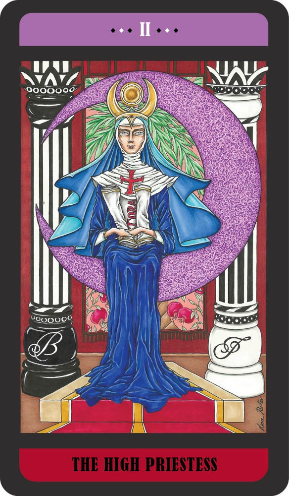 Tarot card titled 'The High Priestess' with a figure in blue robes and purple headdress against a decorative background.