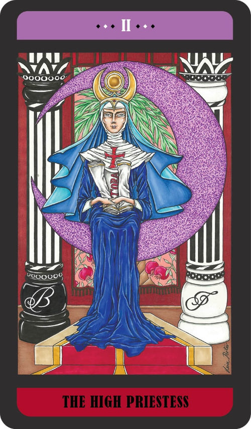 Tarot card titled 'The High Priestess' with a figure in blue robes and purple headdress against a decorative background.