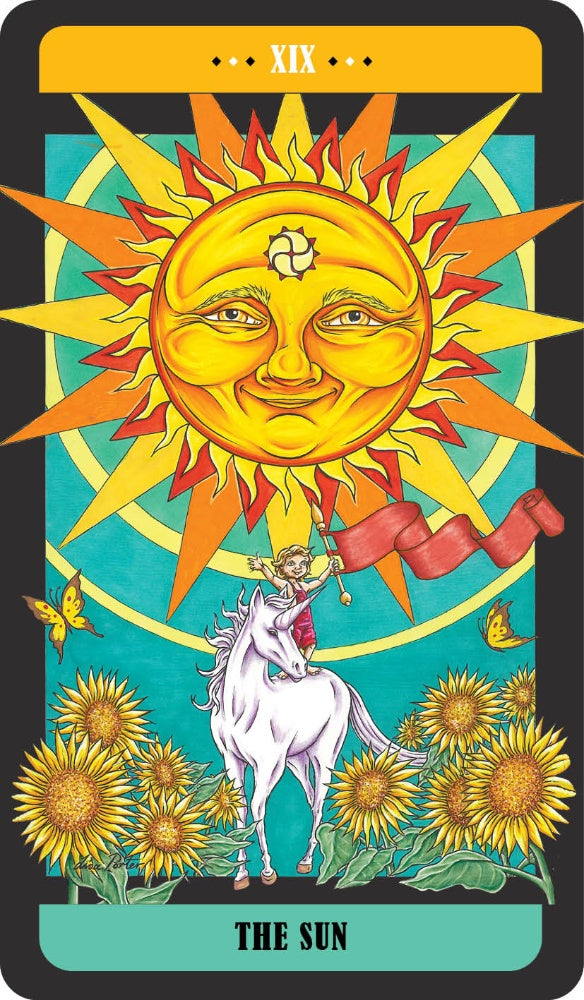 Tarot card featuring a sun with a face, a unicorn, and flowers on a blue background.