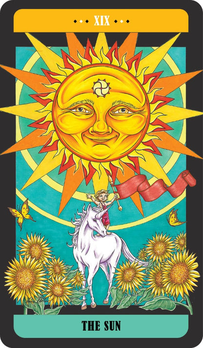 Tarot card featuring a sun with a face, a unicorn, and flowers on a blue background.