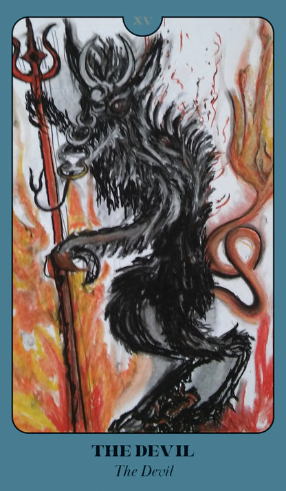 Tarot card featuring an illustration of 'The Devil' with a dark creature holding a trident against a fiery background.