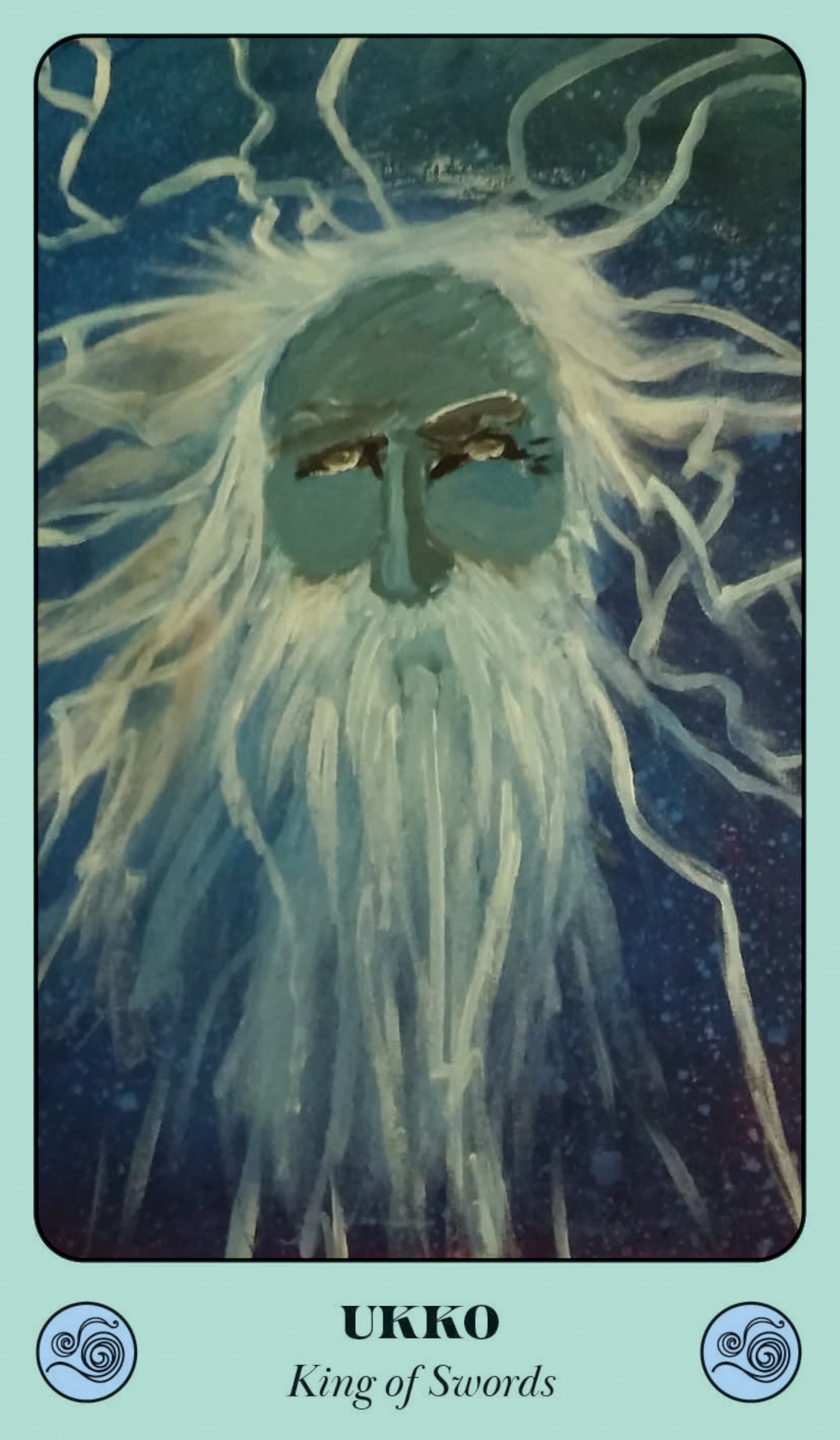 Card featuring a mystical figure with white hair and blue face against a dark blue background, labeled 'UKKO King of Swords'.