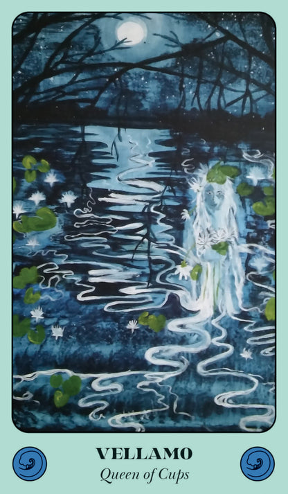 Card from Vellamo tarot deck featuring a ghostly figure by a moonlit lake.