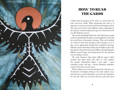 Book page with a black and white bird illustration and text on how to read cards.