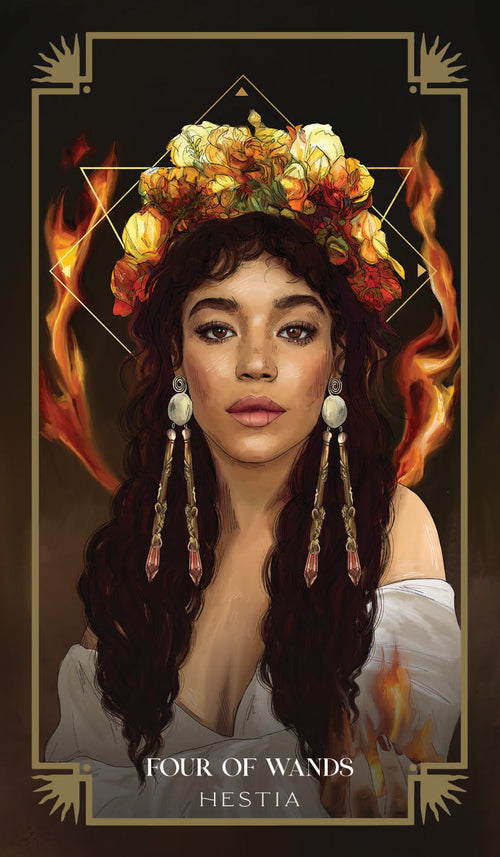 Artistic depiction of a woman with floral headpiece and jewelry, surrounded by flames and geometric shapes, with text 'Four of Wands Hestia' on a dark background.