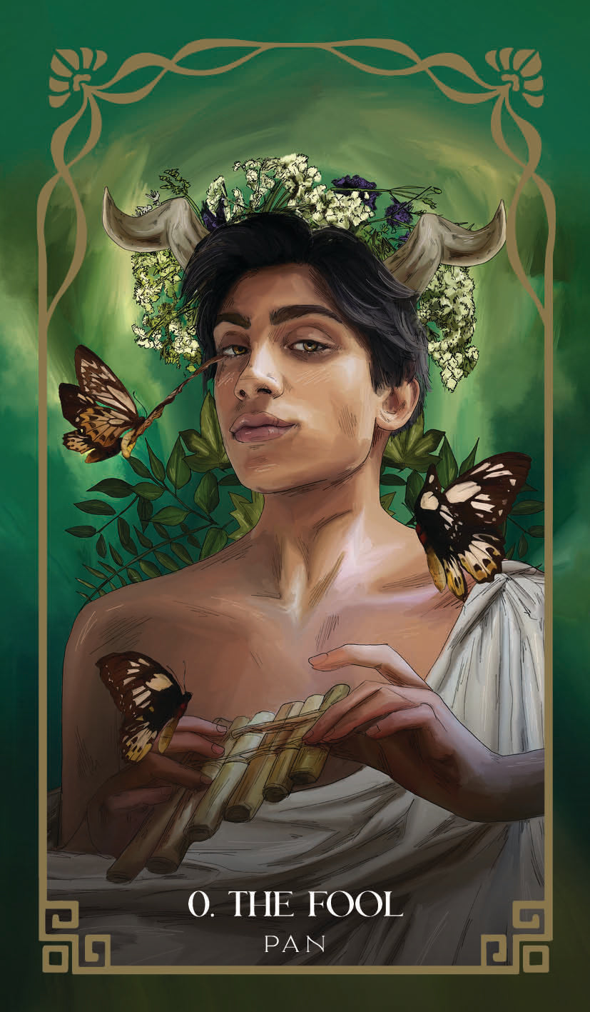 Tarot card featuring a person with butterflies and floral crown, labeled 'The Fool' by Pan.