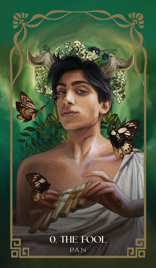 Tarot card featuring a person with butterflies and floral crown, labeled 'The Fool' by Pan.